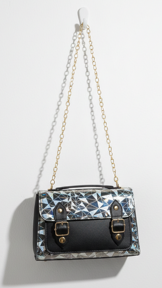 Black and White Handbag With Golden chain