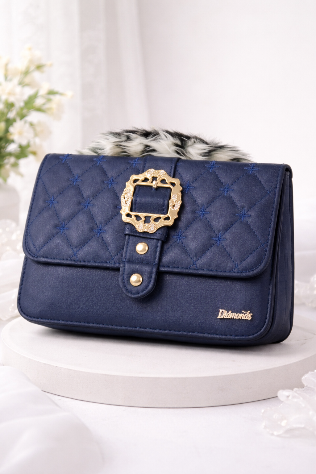 Royal Quilted Buckle Handbag – Navy Blue
