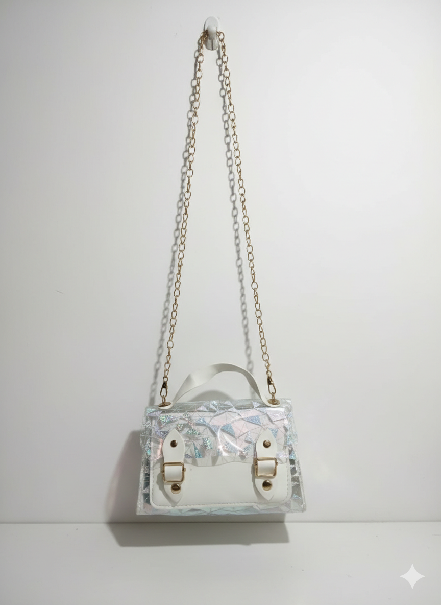 Black and White Handbag With Golden chain
