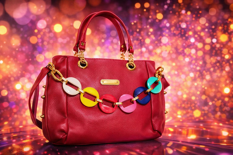 Red Handbag with Colorful Chain Accent