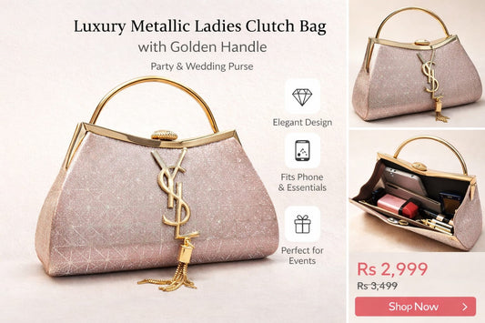 Luxury Metallic Ladies Clutch Bag with Golden Handle – Party & Wedding Purse