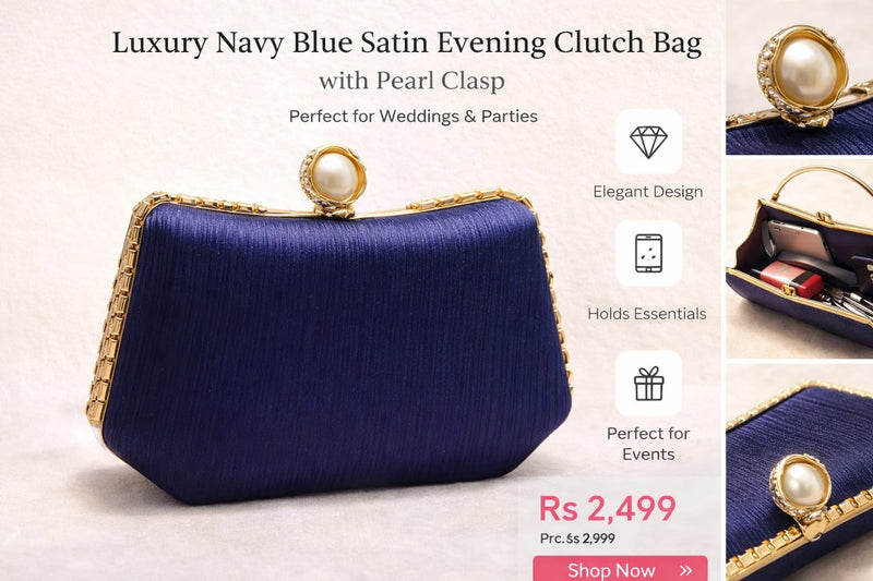 Luxury Navy Blue Satin Ladies Clutch with Pearl Lock – Wedding & Party Purse