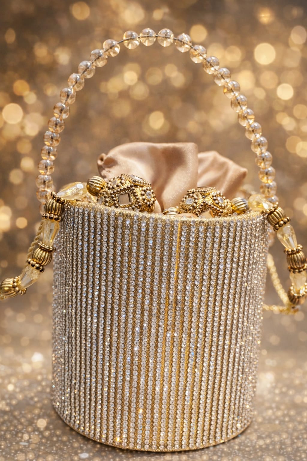 Luxury Crystal Potli Clutch – Gold & Silver Rhinestone Handbag