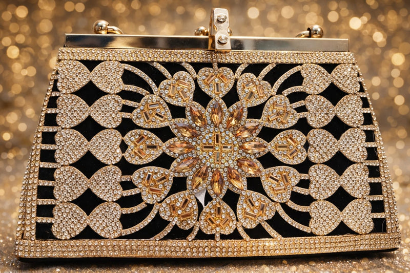 Royal Crystal Embellished Clutch – Black & Gold Luxury Evening Bag